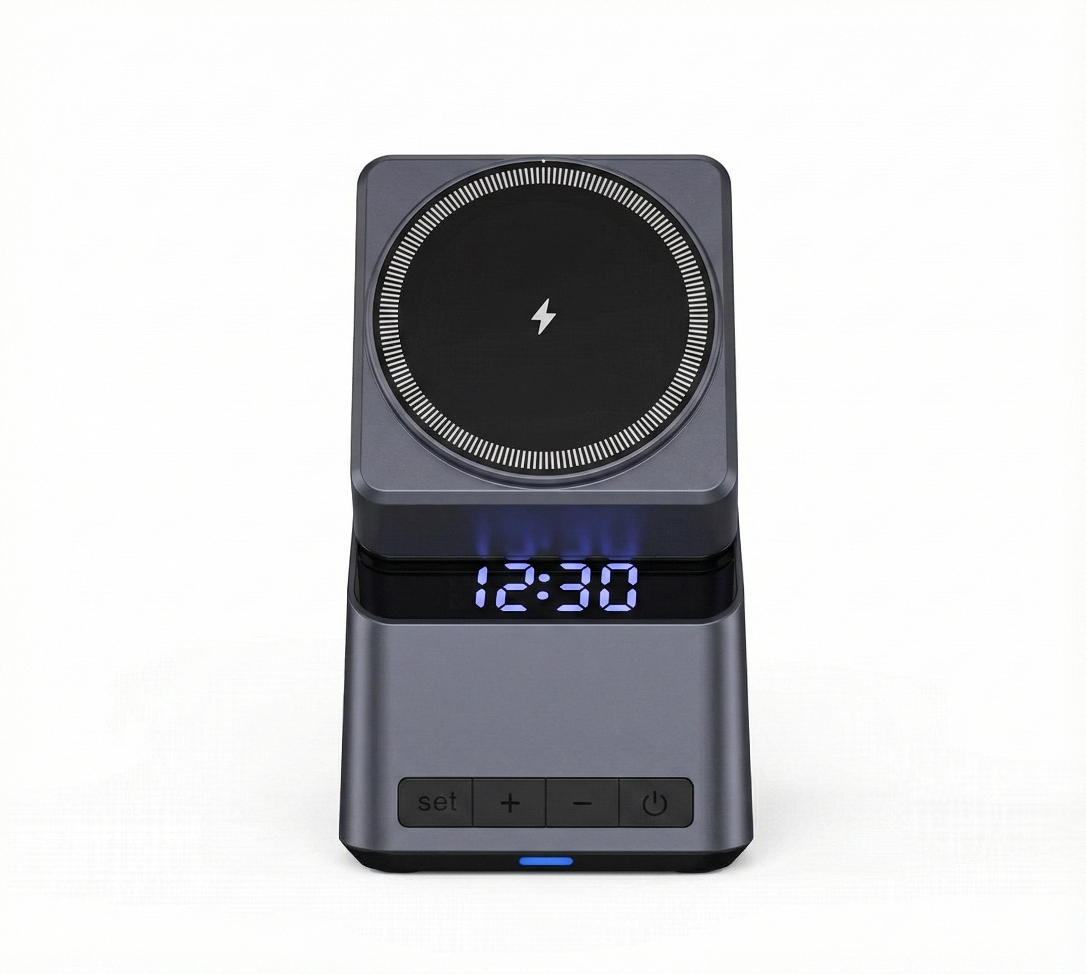 A modern wireless charging stand for multiple devices.