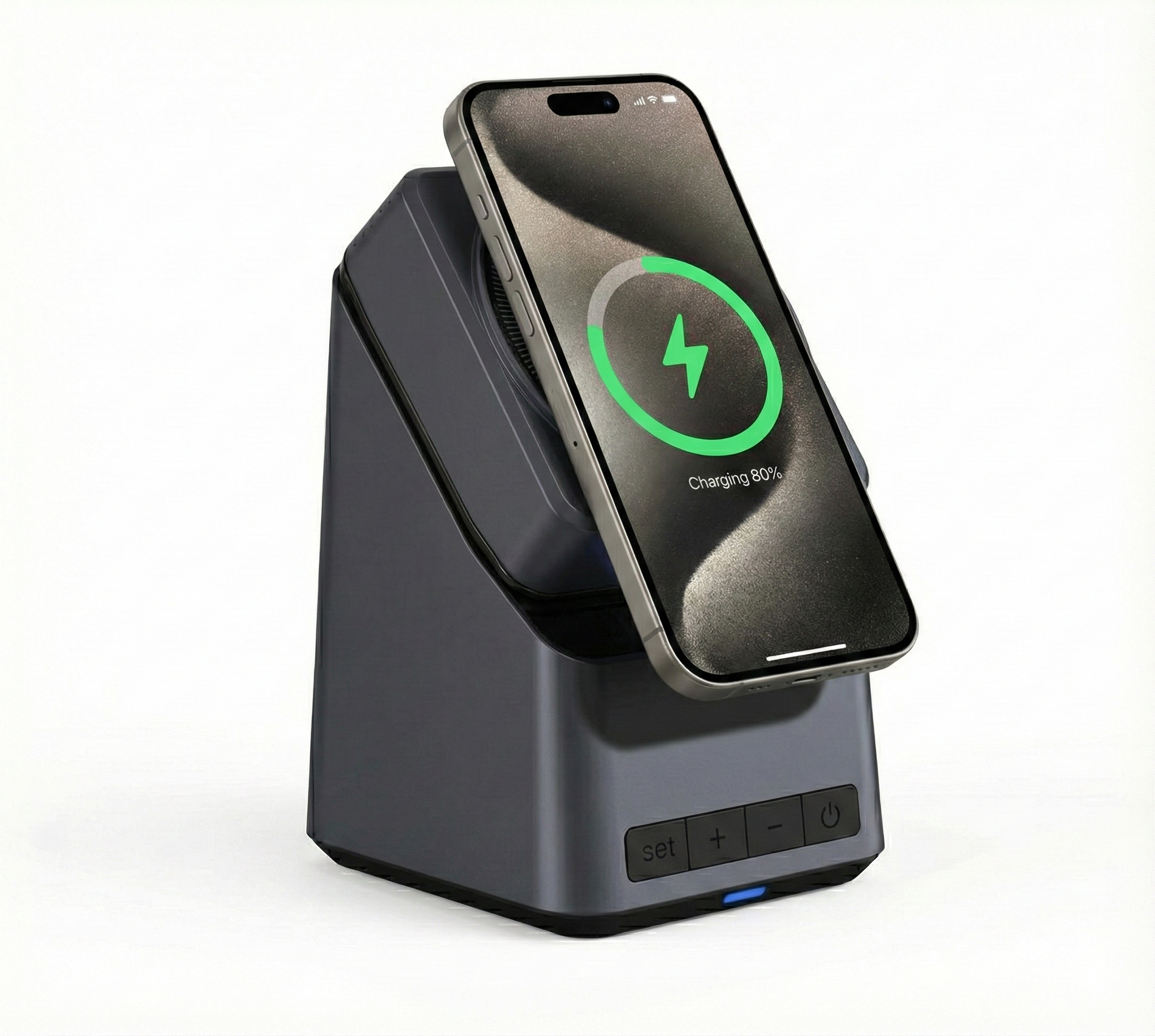 A modern wireless charging stand from the side.
