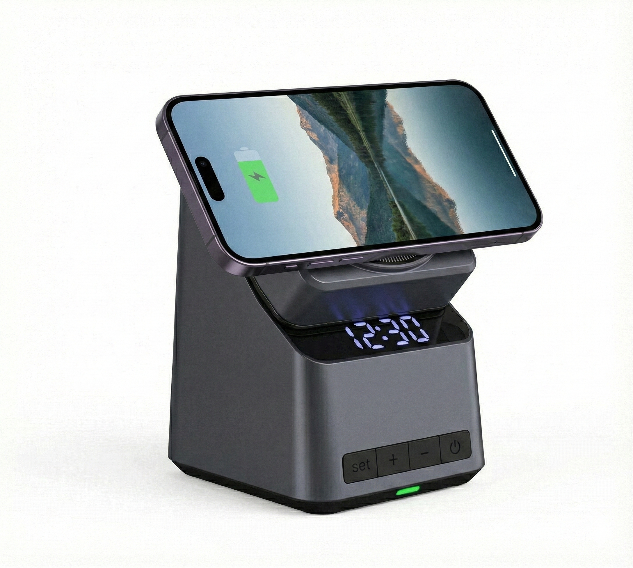 A phone on a modern wireless charging stand.